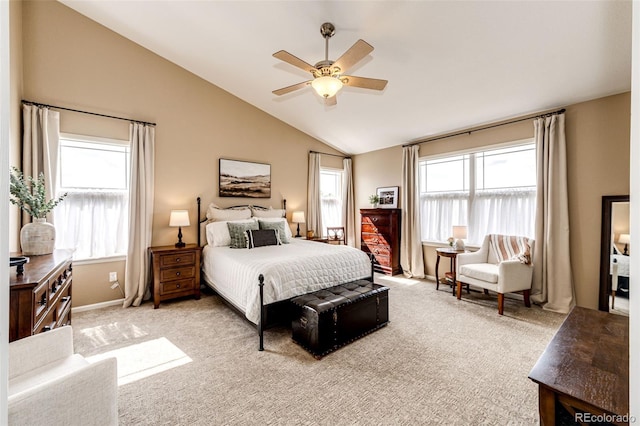 5550 Fox Meadow Ave, Highlands Ranch, CO 80130 - carpeted bedroom featuring vaulted ceiling, multiple windows, baseboards, and a ceiling fan