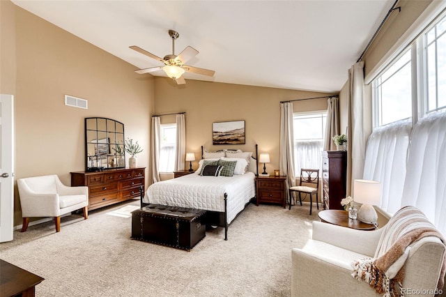 5550 Fox Meadow Ave, Highlands Ranch, CO 80130 - bedroom featuring lofted ceiling, multiple windows, carpet floors, and ceiling fan