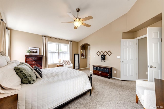 5550 Fox Meadow Ave, Highlands Ranch, CO 80130 - bedroom featuring arched walkways, light carpet, baseboards, ceiling fan, and high vaulted ceiling