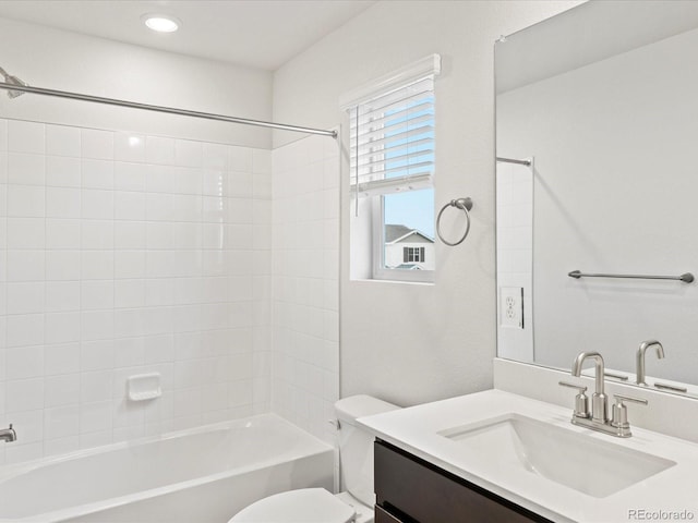 full bathroom featuring toilet, bathtub / shower combination, and vanity