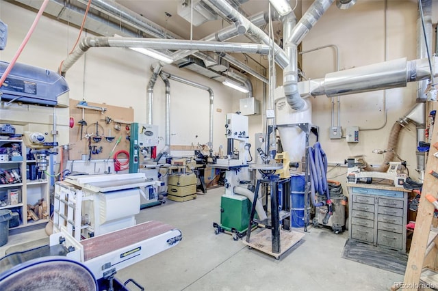 garage with a workshop area