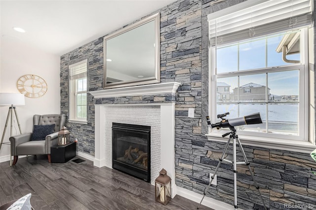 living room featuring wood-type flooring and a fireplace