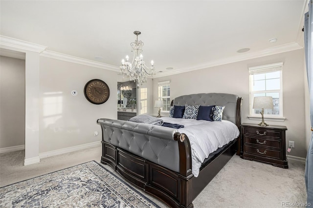 bedroom featuring light colored carpet, crown molding, and a notable chandelier