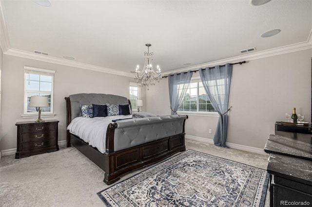 carpeted bedroom featuring ornamental molding and an inviting chandelier