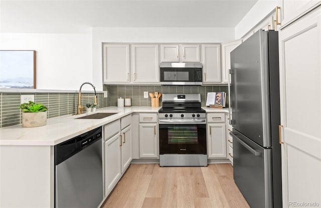 kitchen featuring stainless steel appliances, sink, backsplash, and light wood-type flooring