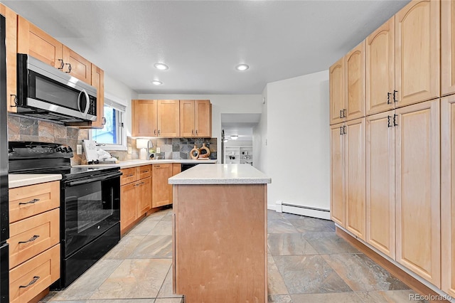 7076 S Spruce Dr W, Centennial, CO 80112 - kitchen featuring stainless steel microwave, black electric range, light brown cabinetry, and recessed lighting
