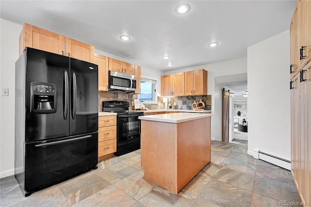 7076 S Spruce Dr W, Centennial, CO 80112 - kitchen with black appliances, baseboard heating, light brown cabinetry, light countertops, and stone tile floors