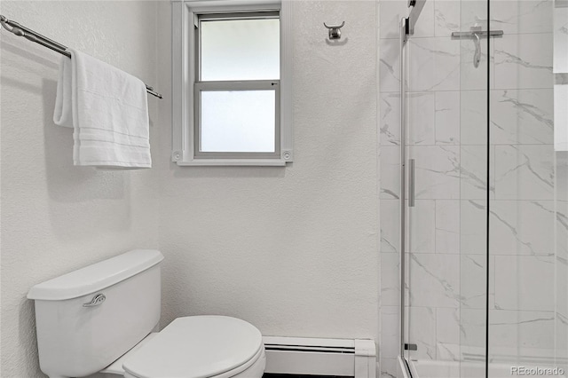 7076 S Spruce Dr W, Centennial, CO 80112 - bathroom with a baseboard heating unit, a marble finish shower, toilet, and a textured wall