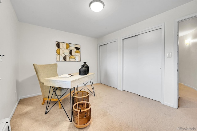 7076 S Spruce Dr W, Centennial, CO 80112 - office area with light colored carpet, a baseboard radiator, and baseboards