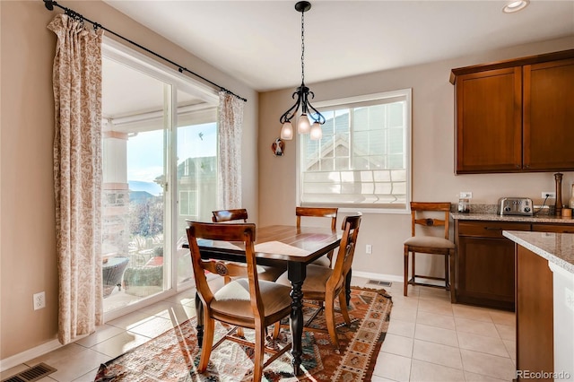 dining room with baseboards, recessed lighting, light tile patterned flooring, and visible vents