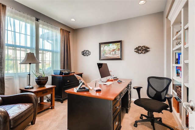 office featuring recessed lighting and light carpet