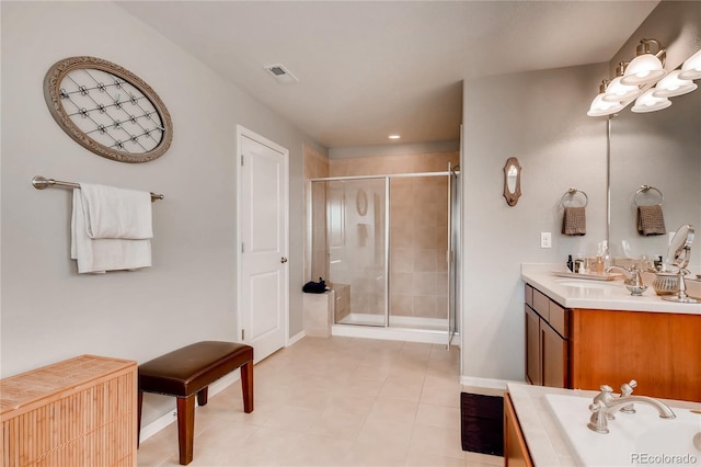 full bathroom featuring visible vents, vanity, baseboards, recessed lighting, and a stall shower