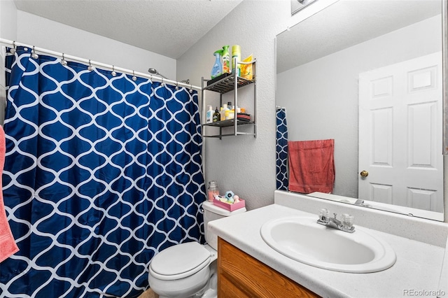 2695 E 109th Ave, Northglenn, CO 80233 - bathroom with vanity, a textured ceiling, curtained shower, and a textured wall