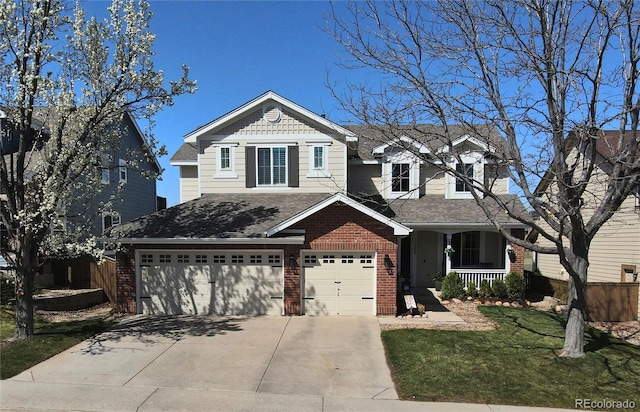 view of front of home featuring an attached garage, brick siding, a front yard, concrete driveway, and covered porch