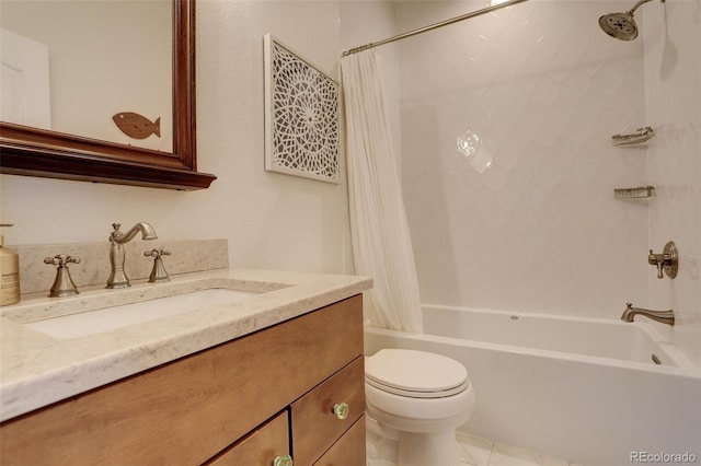 bathroom with vanity, shower / bathtub combination with curtain, tile patterned floors, and toilet