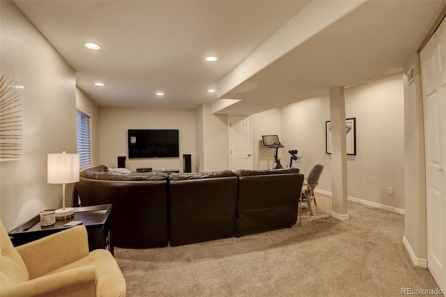 living room with baseboards, recessed lighting, and light colored carpet