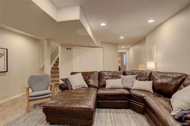 carpeted living area with recessed lighting, baseboards, stairs, and visible vents