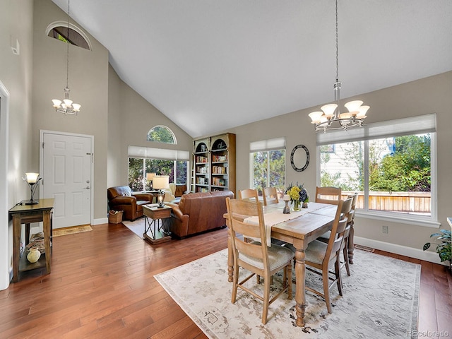 1052 Northampton Ct, Highlands Ranch, CO 80126 - dining area featuring a chandelier, high vaulted ceiling, and wood finished floors