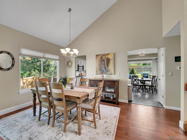 1052 Northampton Ct, Highlands Ranch, CO 80126 - dining room featuring high vaulted ceiling, a chandelier, and dark wood-style floors