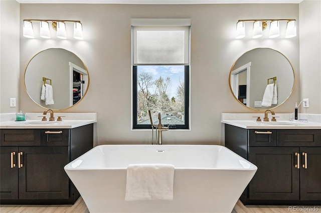 bathroom with a sink, a freestanding bath, and two vanities