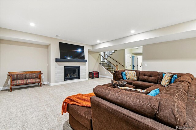 living room featuring recessed lighting, stairway, carpet flooring, and baseboards