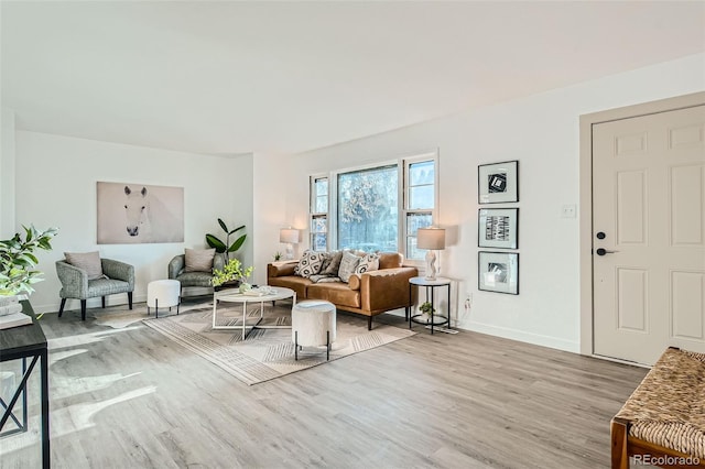 living area featuring baseboards and light wood finished floors