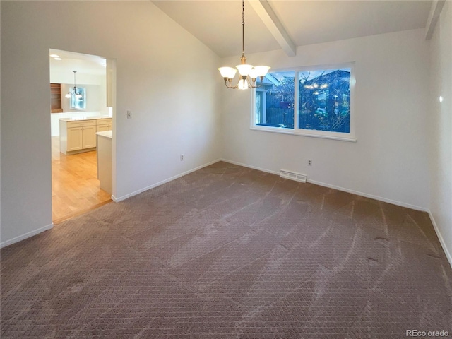 empty room featuring carpet, visible vents, baseboards, vaulted ceiling with beams, and a notable chandelier