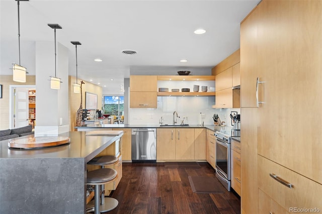 4570 E Yale Ave Unit 1104, Denver, CO 80222 - kitchen with light brown cabinets, stainless steel appliances, dark wood-style floors, a sink, and modern cabinets