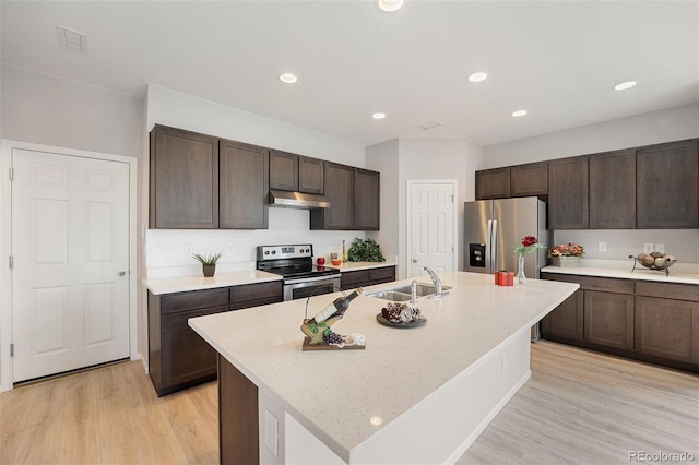 4760 Kittredge St, Denver, CO 80239 - kitchen with stainless steel appliances, a sink, under cabinet range hood, dark brown cabinetry, and recessed lighting