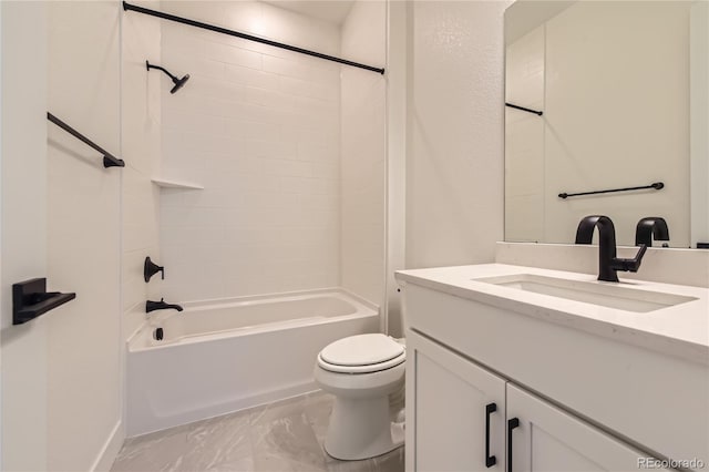 full bathroom with tiled shower / bath combo, toilet, and vanity