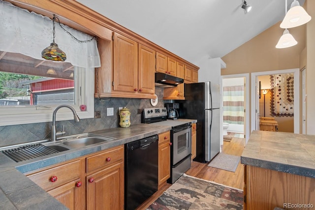 kitchen featuring a sink, appliances with stainless steel finishes, under cabinet range hood, vaulted ceiling, and light wood-style flooring