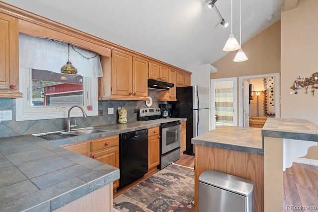 kitchen with rail lighting, under cabinet range hood, decorative backsplash, stainless steel appliances, and a sink