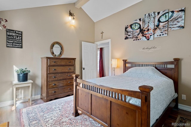 bedroom with dark wood-type flooring, beamed ceiling, baseboards, and high vaulted ceiling