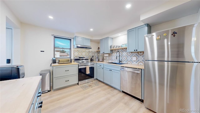 kitchen featuring a sink, open shelves, under cabinet range hood, backsplash, and stainless steel appliances