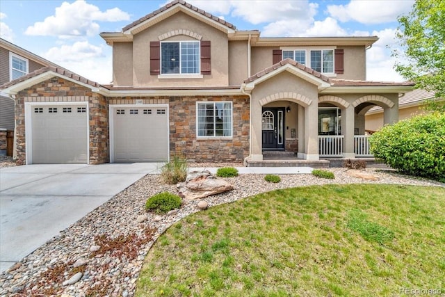 1385 Candleglow St, Castle Rock, CO 80109 - view of front of home with a porch, stucco siding, concrete driveway, a front yard, and stone siding