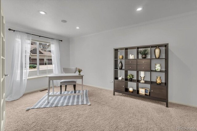 1385 Candleglow St, Castle Rock, CO 80109 - office area with carpet floors, crown molding, recessed lighting, and baseboards