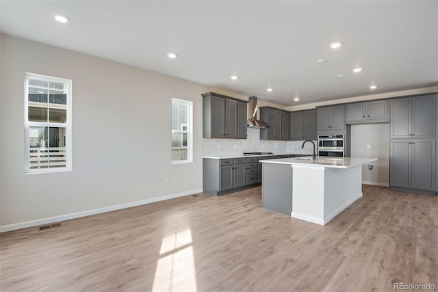 kitchen featuring gray cabinets, visible vents, a sink, stovetop, and wall chimney exhaust hood