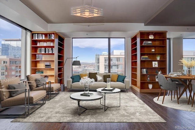 living room featuring a healthy amount of sunlight and dark wood-type flooring