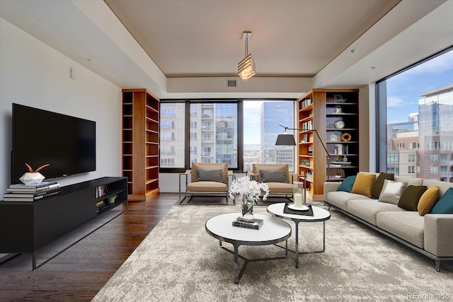 living room with dark hardwood / wood-style floors and plenty of natural light