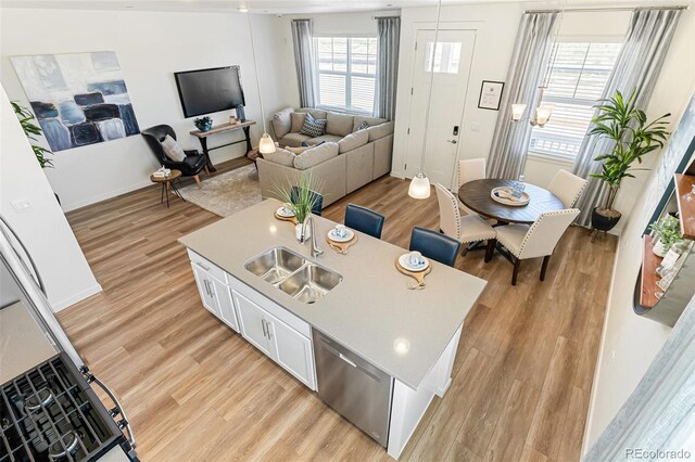 living room with light hardwood / wood-style floors and sink