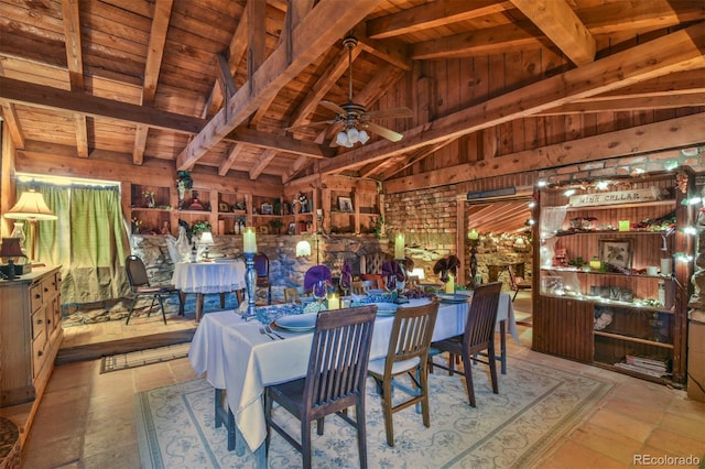 24857 US Highway 160, Walsenburg, CO 81089 - dining space featuring wood ceiling, wood walls, and a ceiling fan