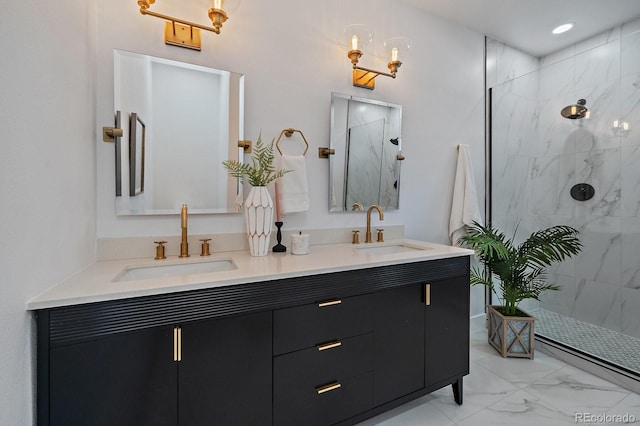 bathroom with vanity and tiled shower