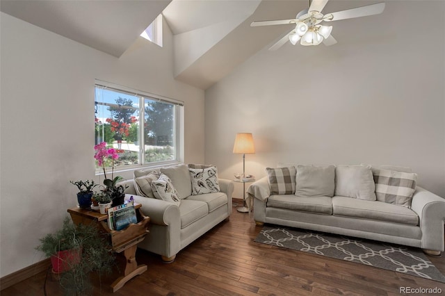 living area featuring baseboards, high vaulted ceiling, ceiling fan, and hardwood / wood-style flooring