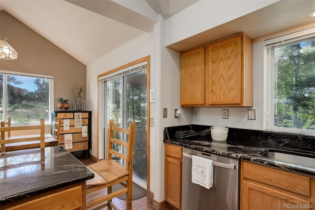 kitchen with baseboards, dishwasher, vaulted ceiling, dark stone countertops, and wood finished floors