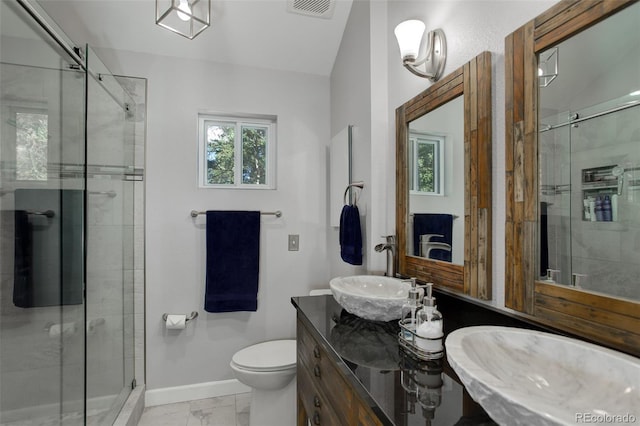 full bathroom with a shower stall, plenty of natural light, baseboards, and marble finish floor