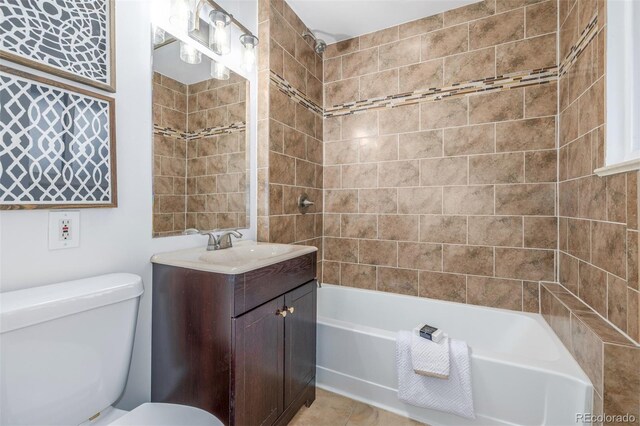 2644 S Krameria St, Denver, CO 80222 - full bath with toilet, tub / shower combination, vanity, and tile patterned floors