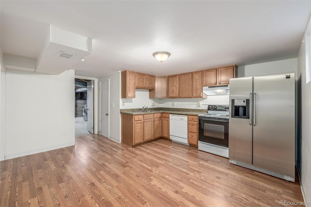 2644 S Krameria St, Denver, CO 80222 - kitchen with stainless steel refrigerator with ice dispenser, white dishwasher, electric stove, under cabinet range hood, and light wood-style flooring