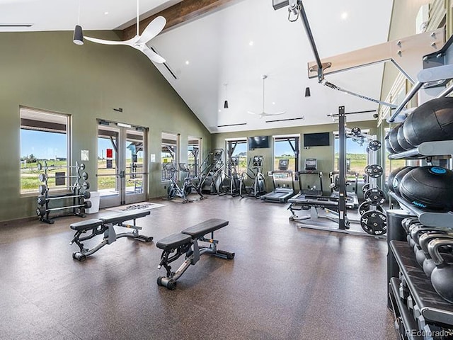 1369 E Witherspoon Dr, Elizabeth, CO 80107 - exercise room featuring high vaulted ceiling, beamed ceiling, and french doors