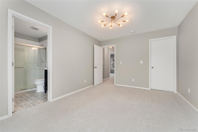 unfurnished bedroom featuring ensuite bath, a chandelier, and light colored carpet