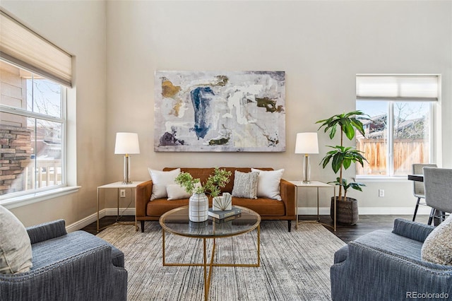 living room with baseboards, a healthy amount of sunlight, and wood finished floors